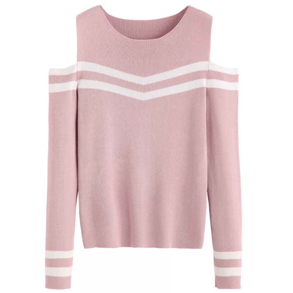 Pink striped open shoulder sweater